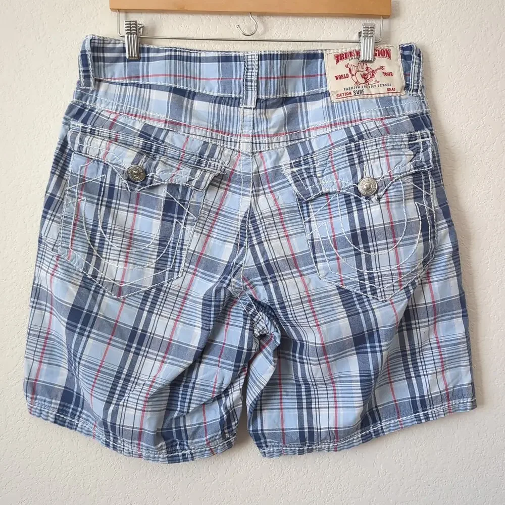 Vintage True Religion Y2K Plaid Blue‎ Baggy Mens Shorts Boardshort Everyday 36